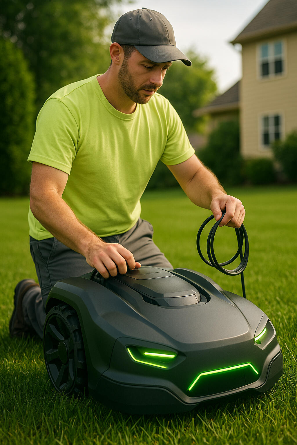 Romow technician guiding mower during setup in Lino Lakes, MN