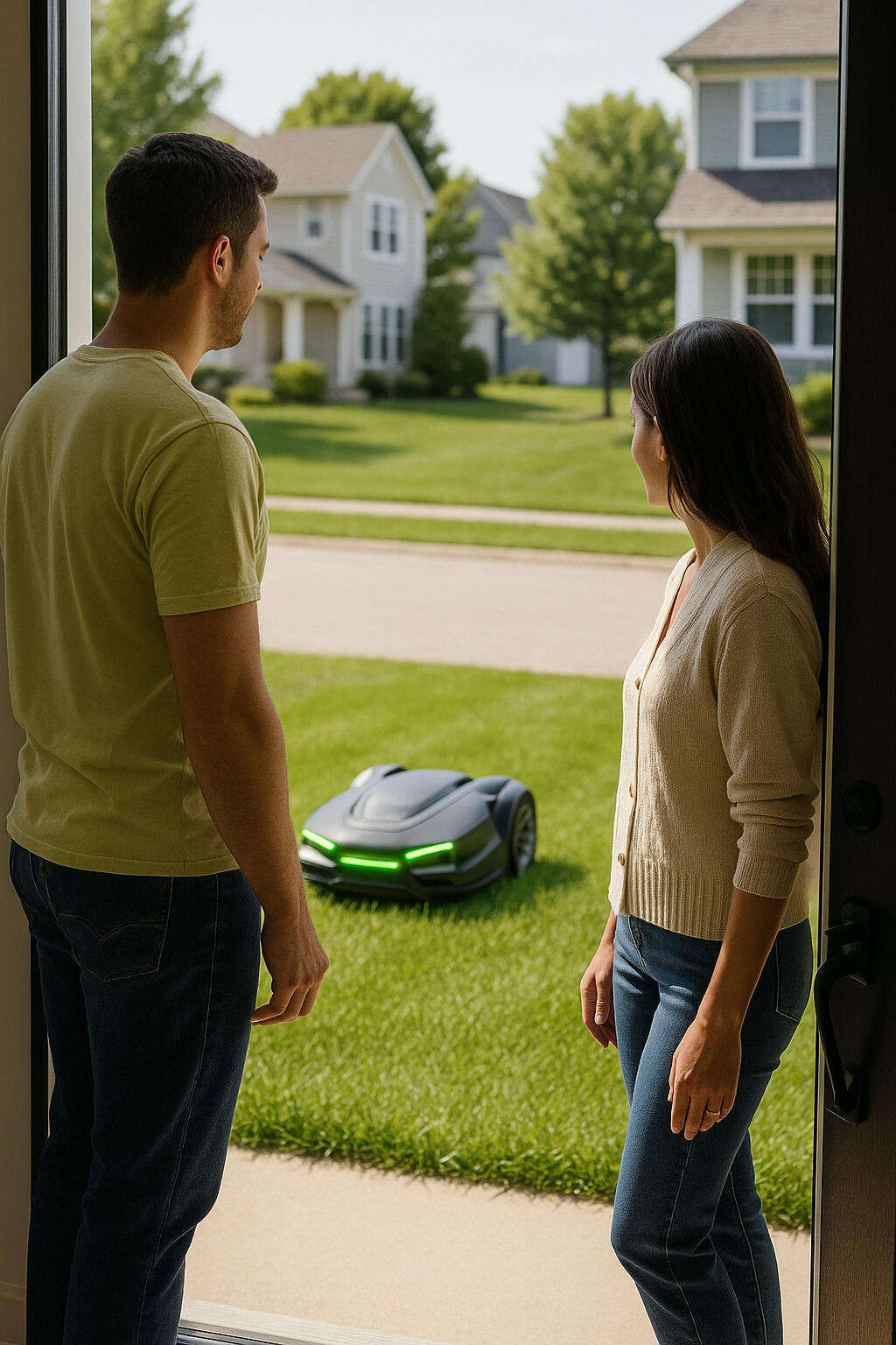 Lino Lakes, MN, homeowners watching robot mower from front door